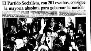 El PSOE gana las elecciones generales por mayoría absoluta y Felipe González se convierte en presidente del Gobierno. 1a legislatura. (28/octubre).