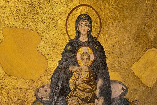 Virgin and Child (theotokos), glass mosaic, apse of Hagia Sophia, 9th century