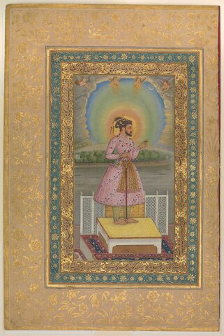 Chitarman, Shah Jahan on a Terrace, Holding a Pendant Set With His Portrait, page (folio) from the Shah Jahan Album, 1627-28, watercolor, ink and gold on paper. Met, NYC