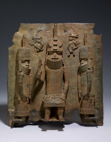 Triad plaque depicting the Oba flanked by two assistants, Benin, 16th or 17th century, bronze. British Museum