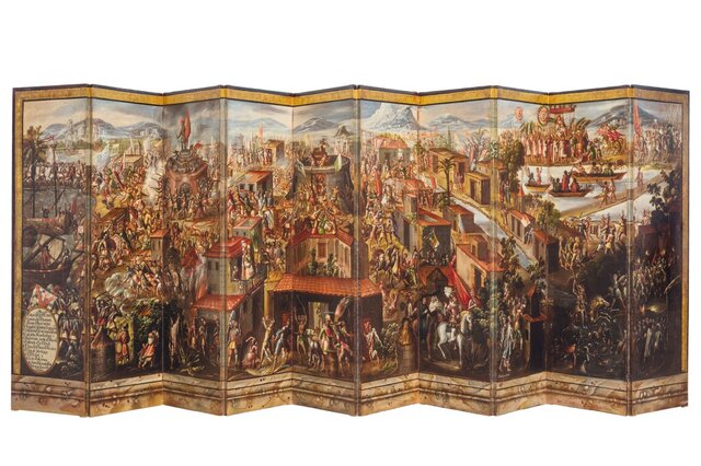 Maker unknown, Screen showing The Conquest of Mexico (front) and View of Mexico City (back), Mexico, oil on canvas on wooden frame, late 1600s