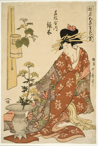 Kitagawa Utamaro, Midorigi of the Wakamatsuya, from the series Collection of Courtesans Arranging Flowers during the Five Festivals, c. 1805, woodblock print. Davis Museum