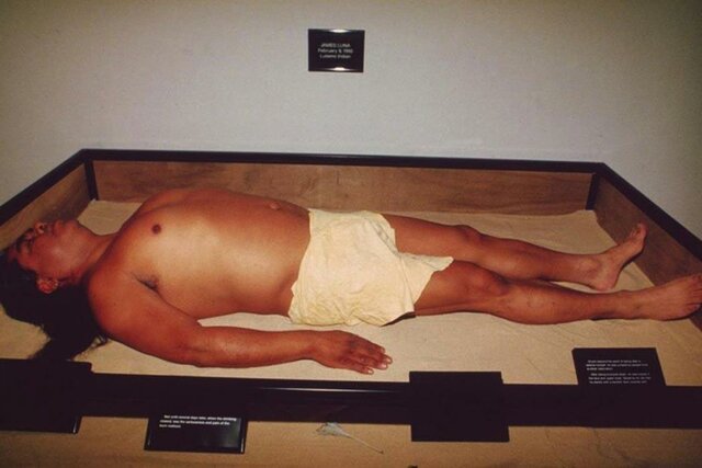 James Luna, Artifact Piece, 1985-87, performance at Museum of Man, San Diego: