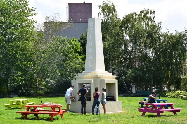 Paul Ramirez Jonas (US), Eternal Flame, 2020-21, five bbq grills, concrete, and other materials. Socrates Sculpture Park, New York