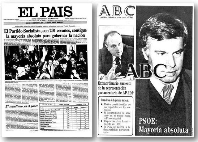 El PSOE gana las elecciones generales por mayoría absoluta y Felipe González se convierte en presidente del Gobierno. 1a legislatura.