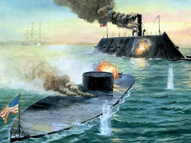 The CSS Merrimack and the USS Monitor engage each other