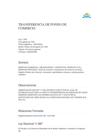 LEY 11.867 - TRANSFERENCIA DE FONDO DE COMERCIO