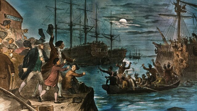 the Boston tea party happens and a bunch of tea gets thrown into the ocean