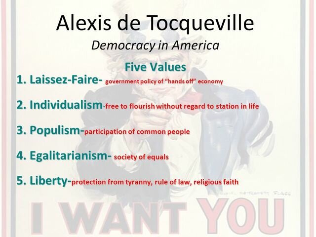 Alex de Tocqueville and his Five Principles : Liberty, Egalitarianism, Individualism, Populism, and Laissez-faire.