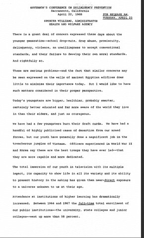 Reagan on Juvenile Delinquency