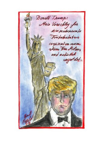 Karl Lagerfeld fertigt monatlich Karikaturen und Zeichnungen für das Frankfurter Allgemeine Magazin, eine Beilage der deutschen Tageszeitung FAZ, an