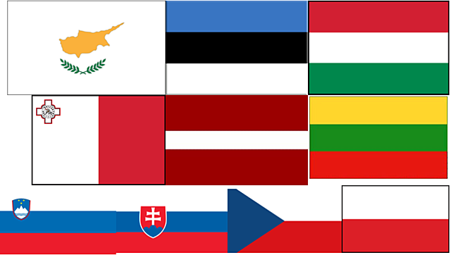 Xipre, Estònia, Hongria, Letònia, Lituània, Malta, Polònia, República Txeca, Eslovàquia, Eslòvenia van formar part de la unió europea