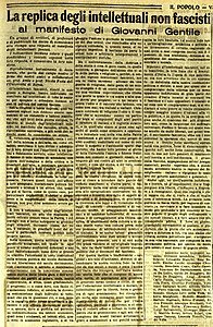 Viene pubblicato il manifesto degli intellettuali Fascisti (seguito dal contro-manifesto di Croce)