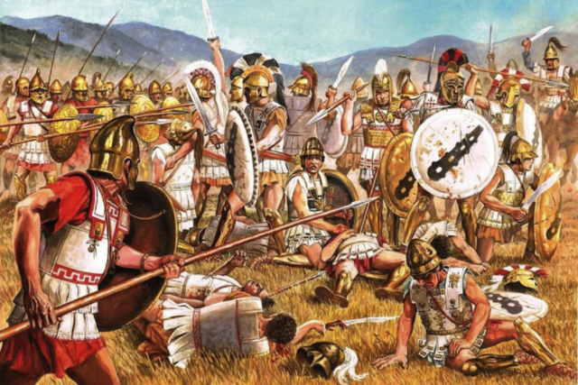 Filipo, rey de Macedonia derrota a los griegos en la batalla de Queronea