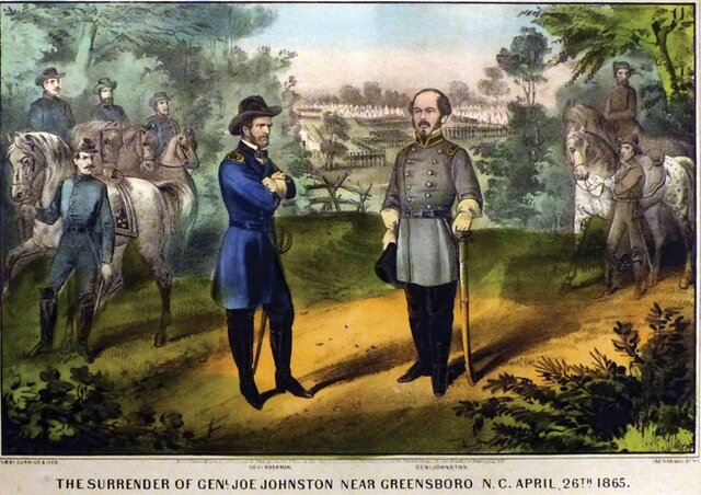 General Joseph Johnston signs the surrender document for the Confederate Army