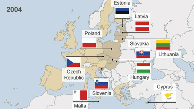 Estonia, Letonia, Lituania, Polonia, República Checa, Eslovaquia, Hungría, Eslovenia, Malta y Chipre