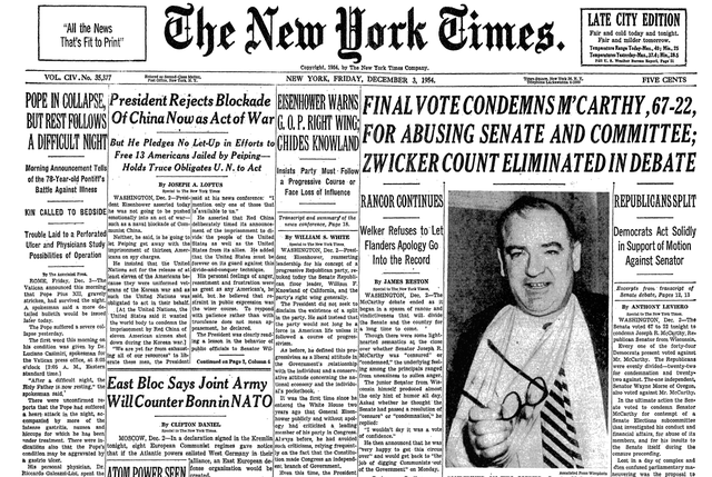 The Senate Votes To Censure Joseph McCarthy.