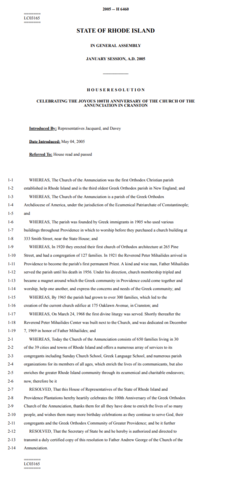 RI State House of Representatives Resolution for 100th Anniversary of our Parish