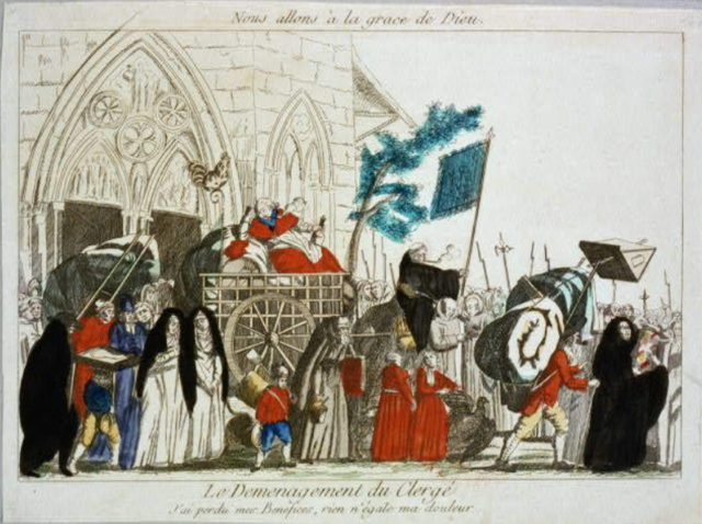 Una representación de clérigos sacando sus posesiones de una catedral.