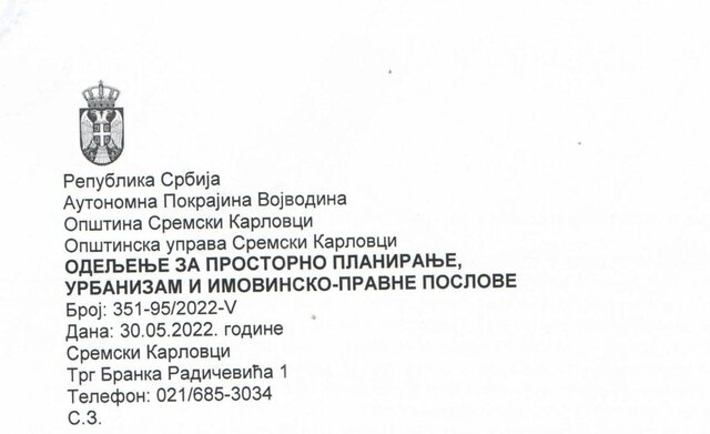 Odeljenje za prostorno planiranje i urbanizam APV daje informaciju o lokaciji za potrebe postavljanja spomenika