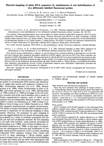 Demostración de dos secuencias de ADN repetidas simultáneamente en cromosomas de centeno (Leitch et al)