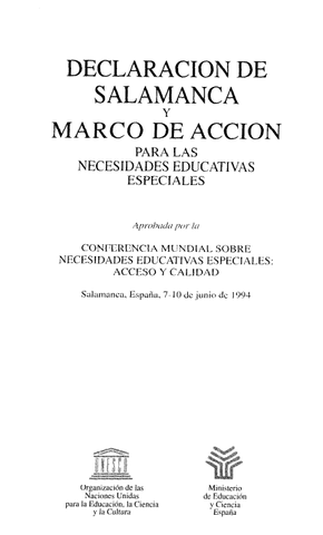 Declaración de Salamanca y el marco de acción para las necesidades educativas especiales