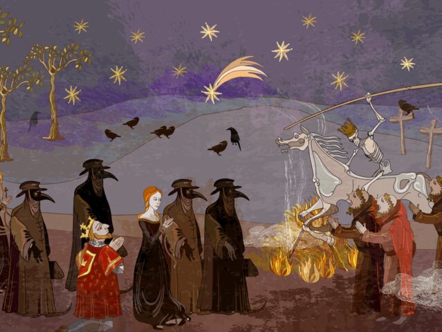 Peste negra en 1348. Gran mortandad en toda Europa. Guerra de los Cien Años entre Francia e Inglaterra.