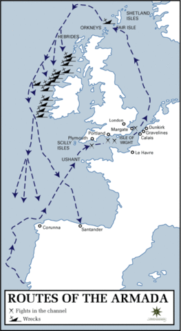 The Armada anchored at the port  of Calais. The Spanish began by  pushing the fireships out of the  way with long hooks but the guns  that had been left on board began  to explode and they panicked, all  trying to get out of the way.