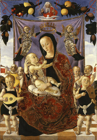 Madonna and the Child crowned by two angels, with musical angels, the Holy Spirit, and God the Father, Poldi Pezzoli - 1471 c.