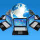 Laptop computers around world globe d apps icons interface isolated blue 36493425