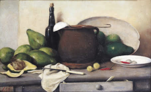 Bodegón con aguacates y utensilios