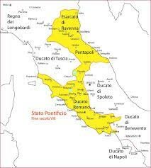 Pipino consegna al papa Stefano II i territori conquistati precedentemente dai longobardi e nasce così il primo stato della chiesa (Patrimonio di San Pietro)