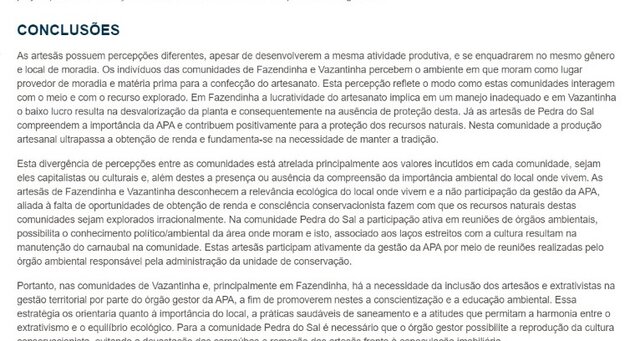 Artigo Científico: Percepção ambiental das artesãs que usam as folhas de carnaúba (Copernicia prunifera H.E.Moore, Arecaceae) na Área de Proteção Ambiental Delta do Parnaíba, Piauí, Brasil