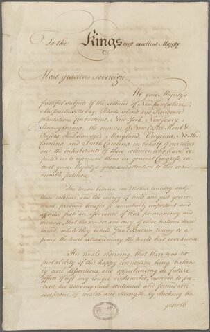 Olive Branch Petition sent to England