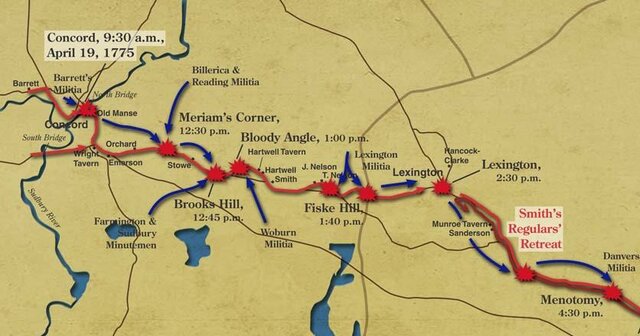 Map of the Lexington and Concord battle