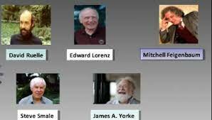 David Ruelle, Edward Lorenz, Mitchell Feigenbaum, Steve Smale y James A. Yorke