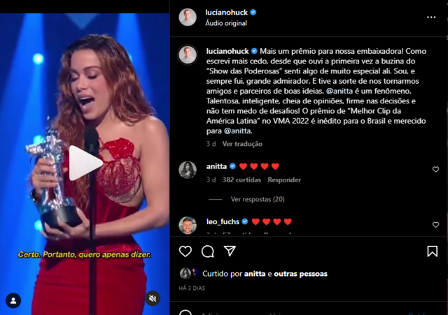 Instagram: Luciano Huck parabeniza a amiga Anitta por premiação no VMA 2022
