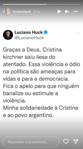 Luciano Huck se posiciona a respeito de tentativa de atentado contra a vice-presidente argentina Cristina Kirschner