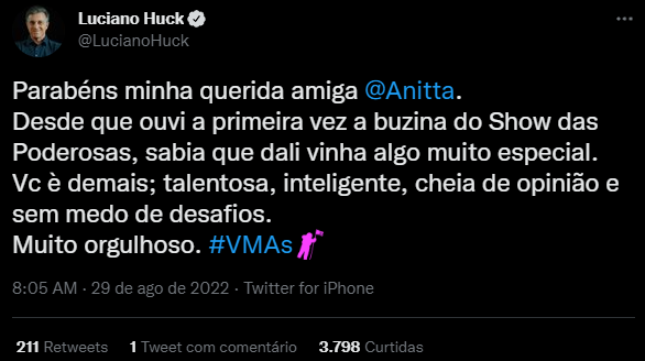 Twitter: Luciano Huck parabeniza Anitta com mensagem mais curta em seu Twitter