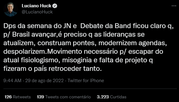 Twitter e Instagram: Luciano Huck analisa debates presidenciais da semana anterior