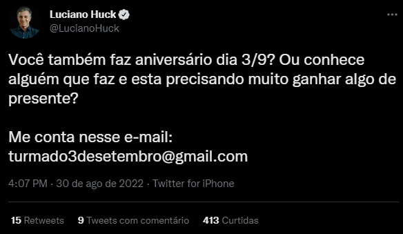 Twitter, Instagram e Facebook: Luciano Huck posta em alusão a encontrar pessoas que façam aniversário no mesmo dia que ele