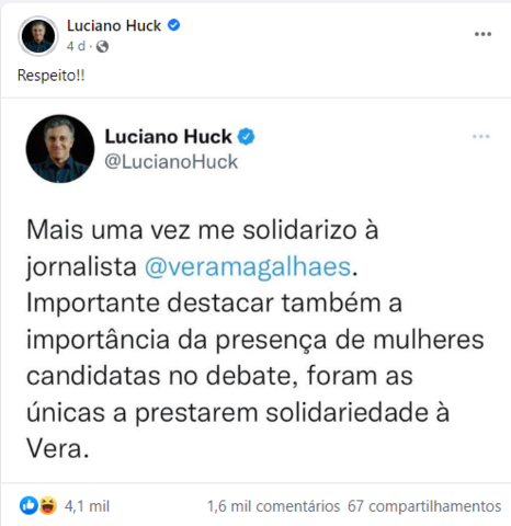 Twitter, Instagram e Facebook: Luciano se solidariza com Vera Magalhães após ataques à jornalista pelo presidente brasileiro no debate