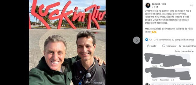 Facebook: Luciano Huck posta foto marcando presença e elogiando Rock in Rio