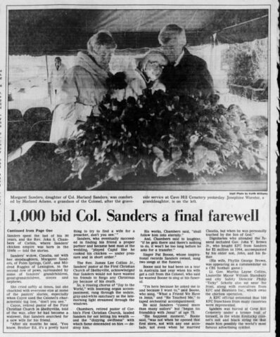 Sanders died in 1980 at the age of 90, leaving a total of 6,000 KFC outlets worldwide.