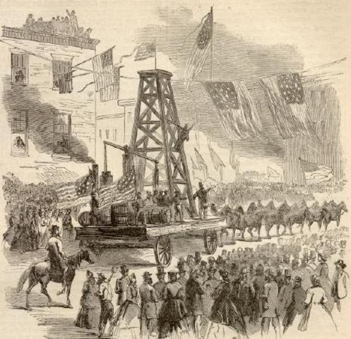 Edwin L. Drake successfully uses steam engine to drill for oil.