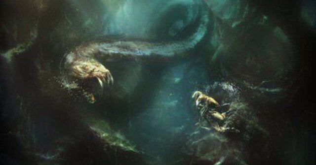 Beowulf swims to her lair.