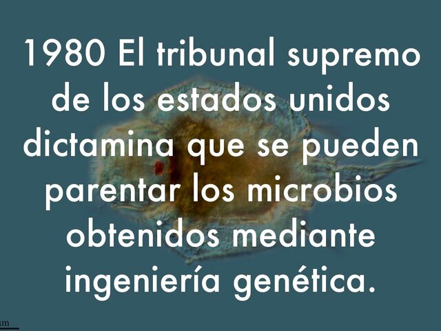 El Tribunal Supremo de Estados Unidos dicta- mina que se pueden patentar los microbios obtenidos mediante ingeniería genética.