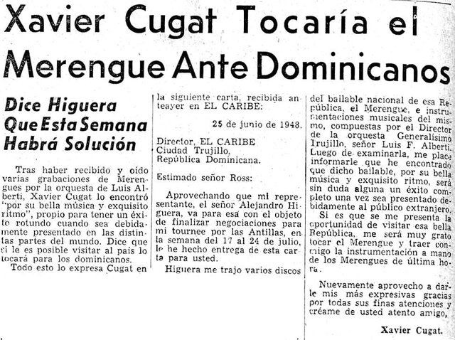 Xavier Cugat le pronostica éxitos al merengue.