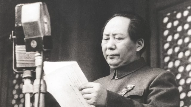 The People's Republic of China is proclaimed, with Mao (president).