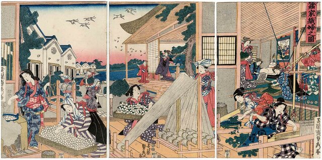 "Mujeres haciendo seda en casa"